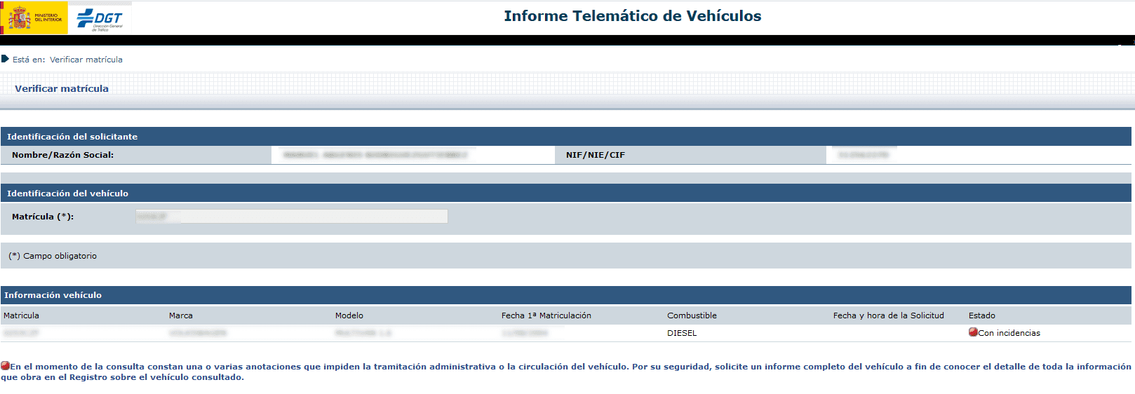 Informe reducido vehículo con incidencias
