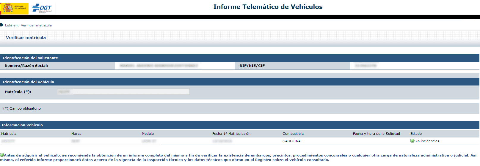 Informe reducido vehículo sin incidencias